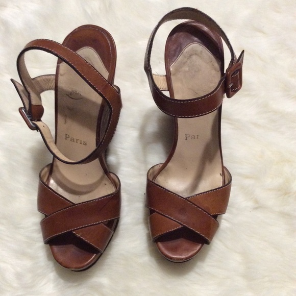 CHRISTIAN LOUBOUTIN Tan Leather Wedge Sandals 37.5 - Picture 2 of 11